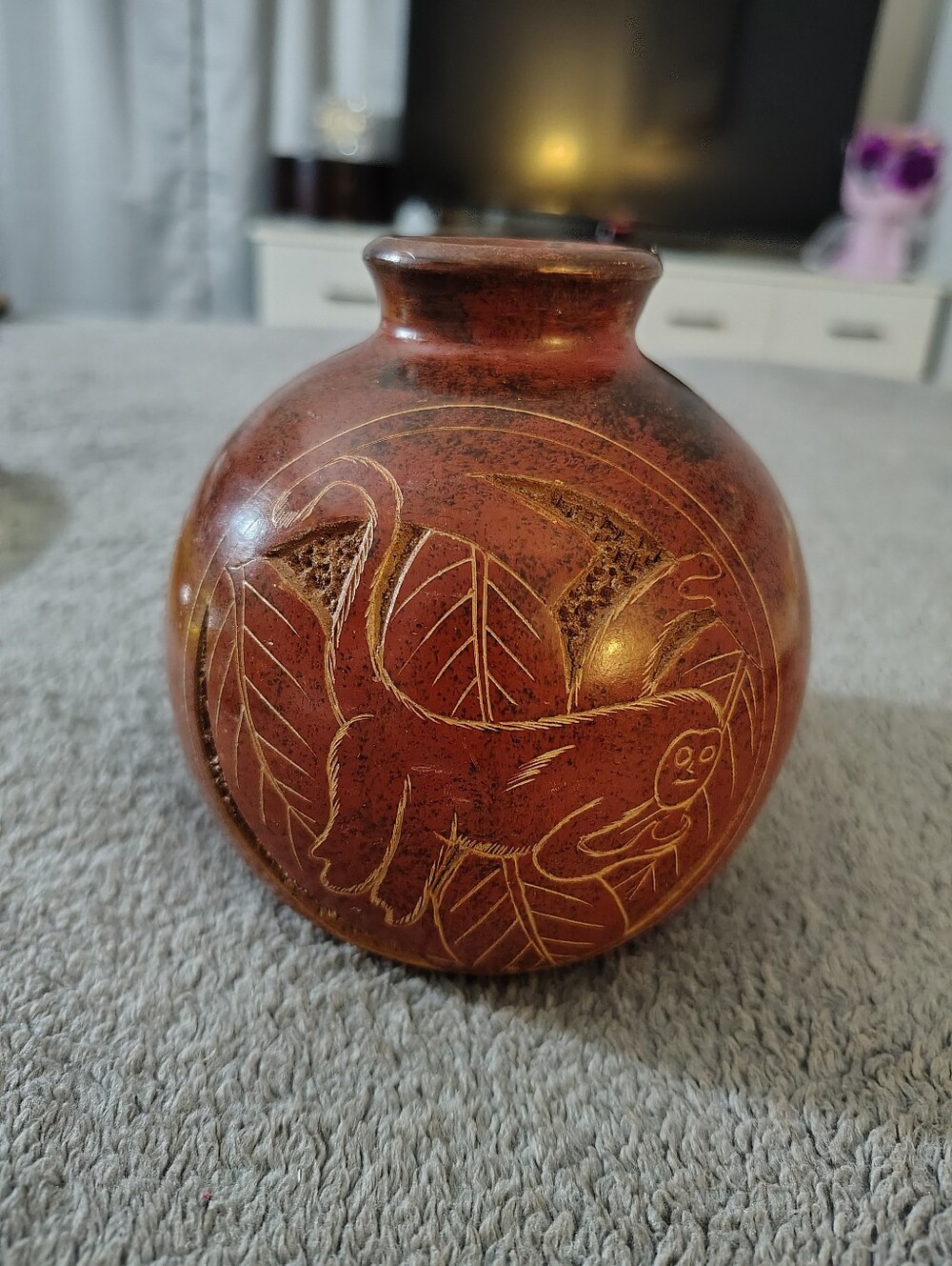 Nicaraguan Hand Carved Clay Pot With Money Sea Turtle And Hummingbird
